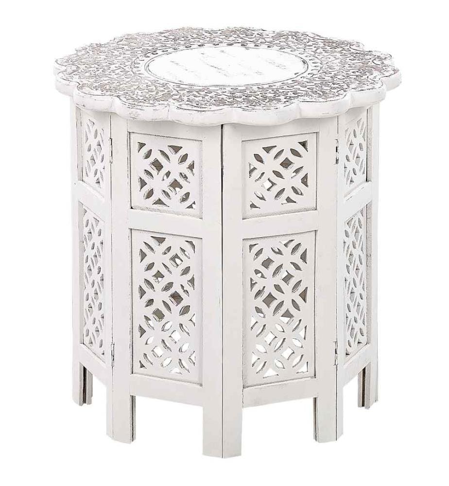 Beistelltisch Weiss aus Mangoholz ? 44 cm Eckig mit Verzierungen Ornamente Rustikal Vintage Klassisch