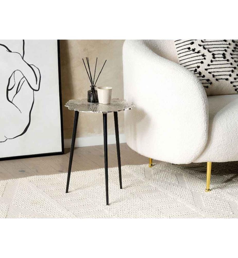 Table d'Appoint Noir et Argenté en Aluminium 46 x 36 cm à Plateau en Fleur Bout de Canapé Elégant Durable pour Salon Hall