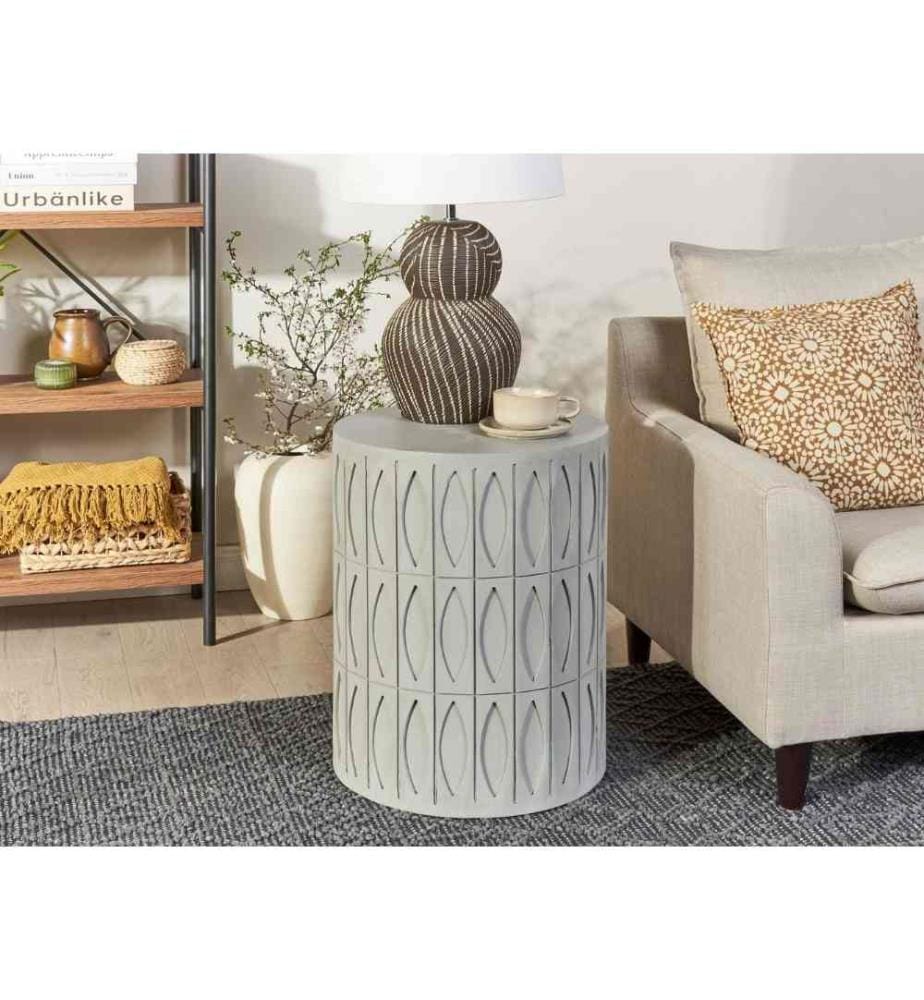 Table d'Appoint Gris en MDF 56 x 45 cm en Forme de Colonne Antique à Motif Ovale Bout de Canapé de Design Moderne