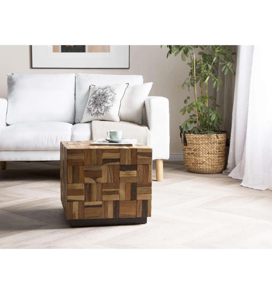 Couchtisch Braun 45 x 45 cm Teakholz Lackiert Teakholzstücken Mosaik Würfel Quadratisch Modern