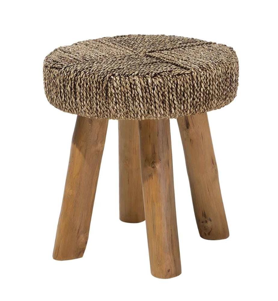 Beistelltisch Beige Braun Teakholz Geflochtenes Stringmotiv Rund Rustikal Landhausstil
