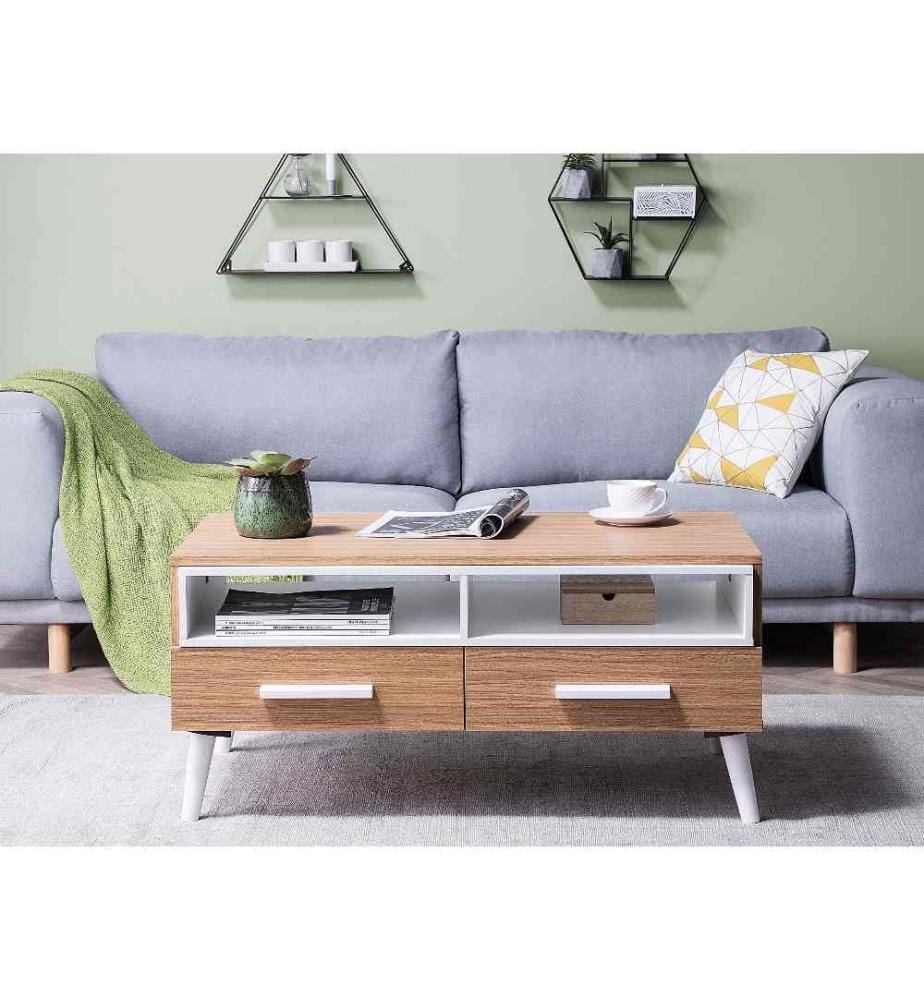 Table Basse 100 x 56 cm avec Tiroirs et Espaces de Rangement en MDF Effet Bois et Blanc de Style Rétro pour Salon Moderne ou Scandinave