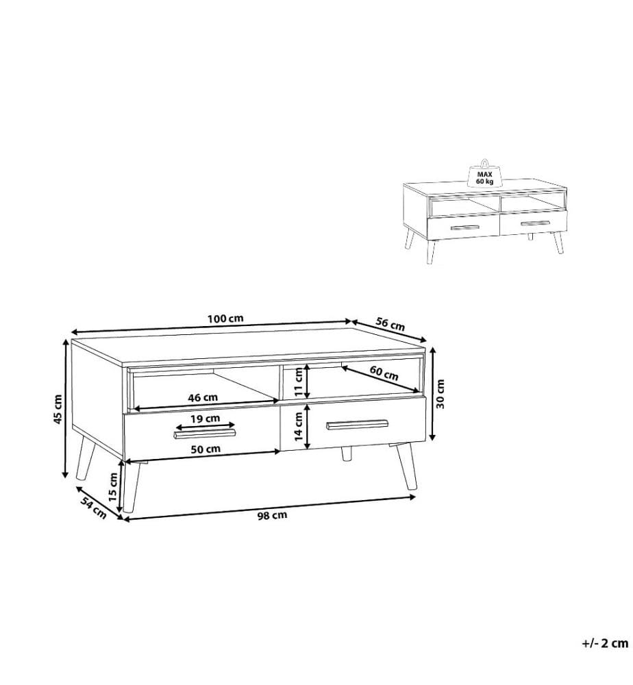 Table Basse 100 x 56 cm avec Tiroirs et Espaces de Rangement en MDF Effet Bois et Blanc de Style Rétro pour Salon Moderne ou Scandinave