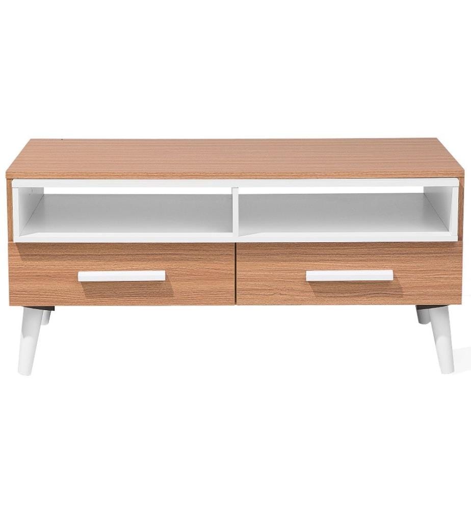 Table Basse 100 x 56 cm avec Tiroirs et Espaces de Rangement en MDF Effet Bois et Blanc de Style Rétro pour Salon Moderne ou Scandinave