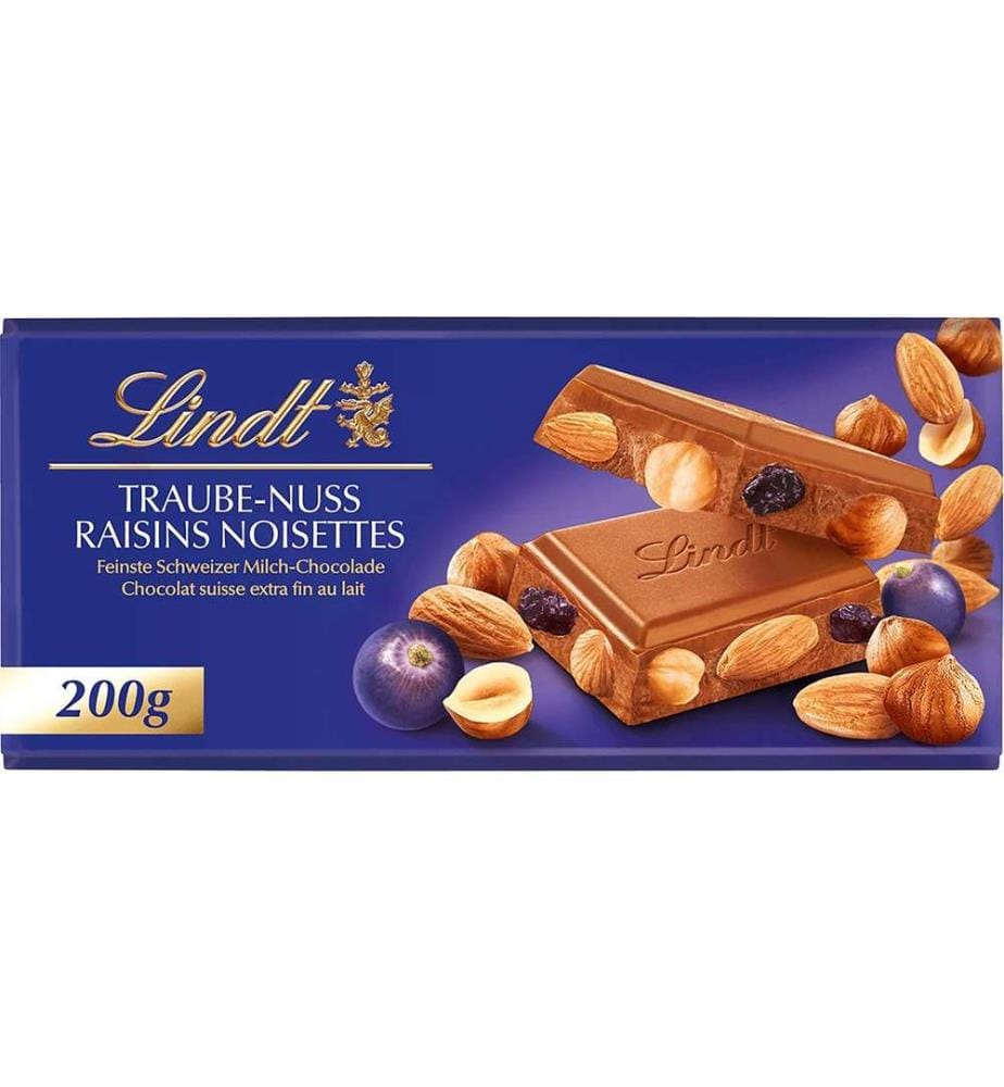 LINDT - Tablette de chocolat Lait Raisin & Noix 200 g