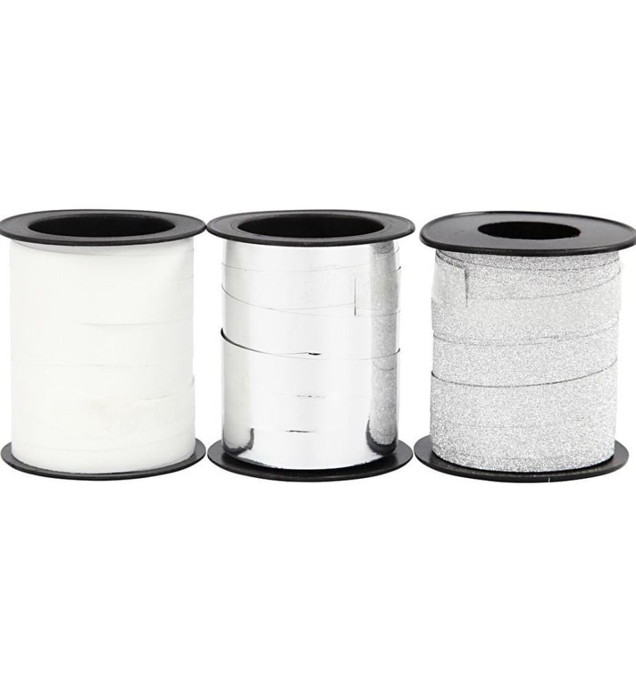 CREATIV COMPANY - Geschenkband Weiss/Silber 1 cm x 15 m, 3 Stück