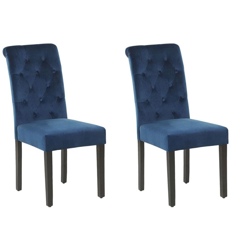 Esszimmerstuhl 2er Set Blau Samtstoff Polsterbezug mit Knopfbezug Ring Holzbeine Glamour Look Wohnzimmer Essbereich Gästezimmer Arbeitszimmer