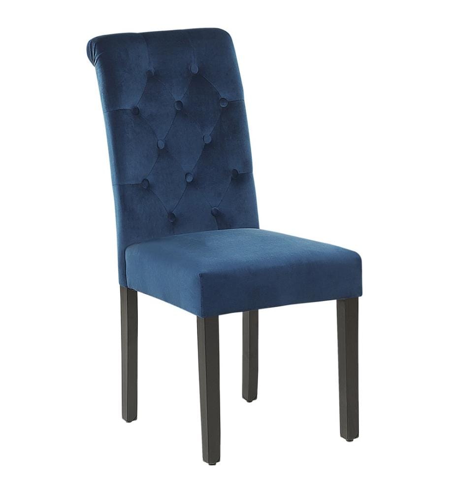 Esszimmerstuhl 2er Set Blau Samtstoff Polsterbezug mit Knopfbezug Ring Holzbeine Glamour Look Wohnzimmer Essbereich Gästezimmer Arbeitszimmer