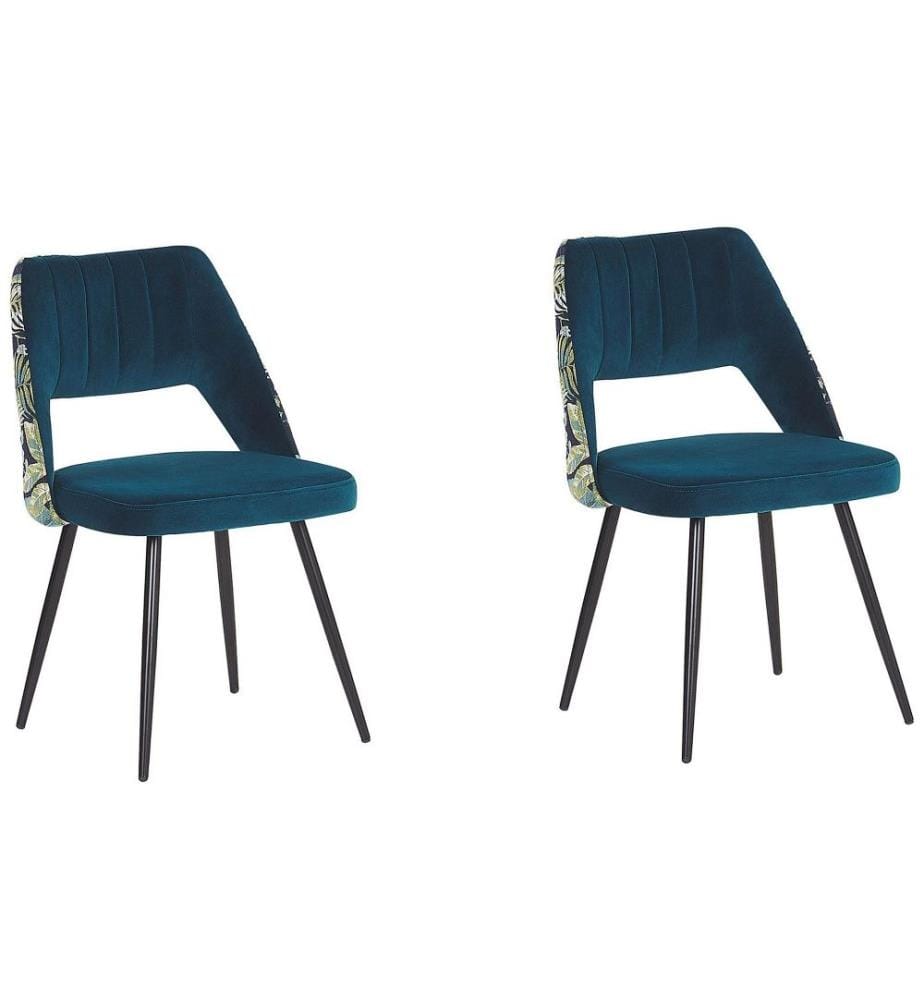 Esszimmerstuhl 2er Set Blau Polsterbezug mit Metallbeinen und gemustertem Motiv Wohnzimmer Esszimmer Küche Modern