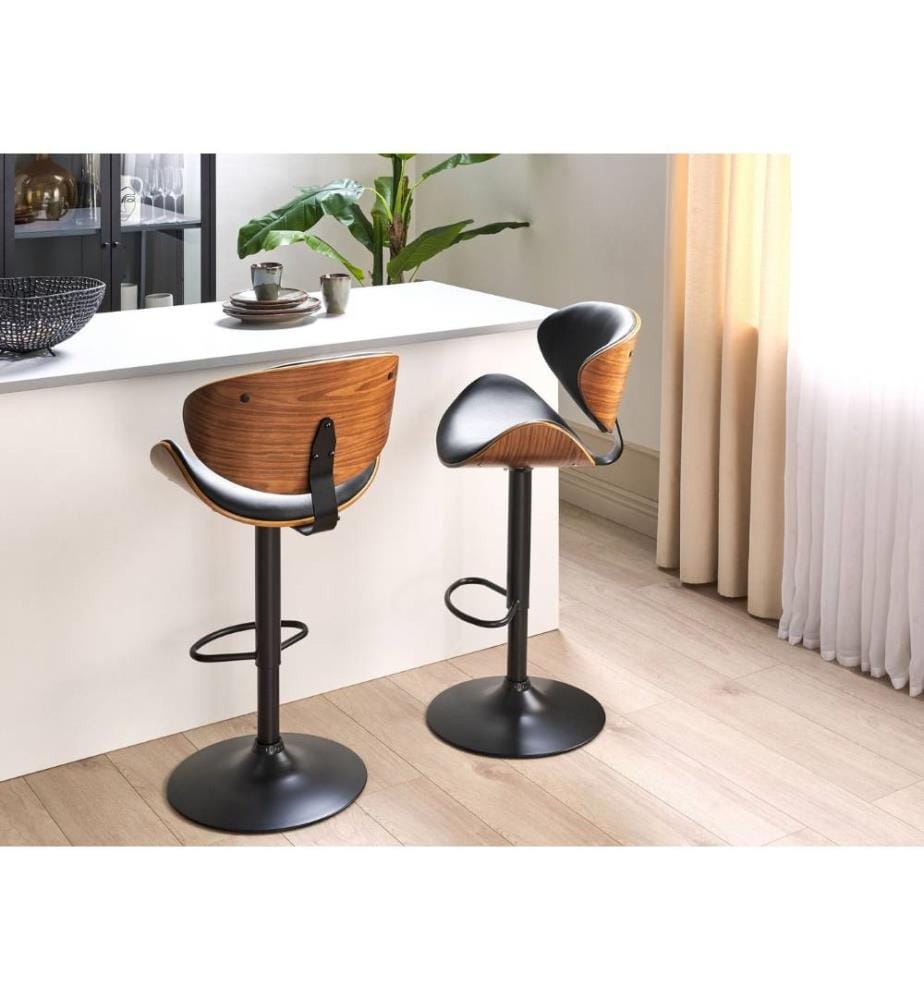 Chaise de Bar Tabouret en Bois Foncé et Cuir PU Noir avec Pied Métallique à Hauteur Réglable Design Classique pour Cuisine Rétro Moderne