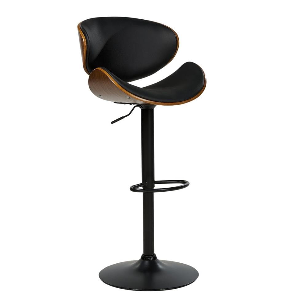 Chaise de Bar Tabouret en Bois Foncé et Cuir PU Noir avec Pied Métallique à Hauteur Réglable Design Classique pour Cuisine Rétro Moderne
