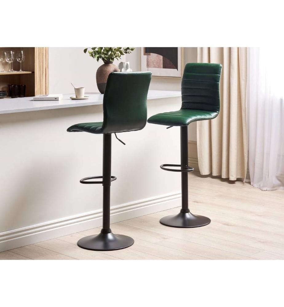 Barhocker Dunkelgrün Kunstleder Höhenverstellbar Drehbar mit Hoher Rückenlehne Schwarzes Metallgestell Fussstütze Modern Kücheninsel Küchenbar