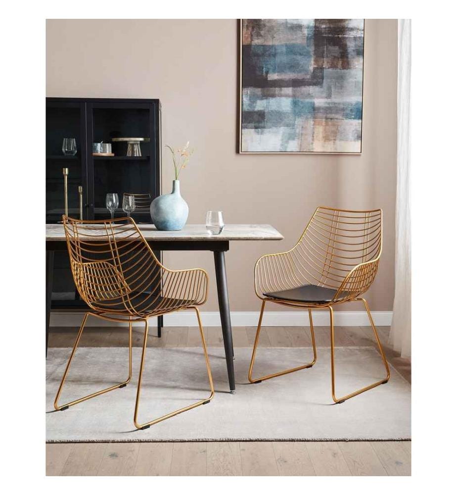 Metallstuhl 2er Set Gold u. Schwarz aus Stahl mit Kunstleder Sitz Glamour Stil Modern für Küche Esszimmer Essbereich