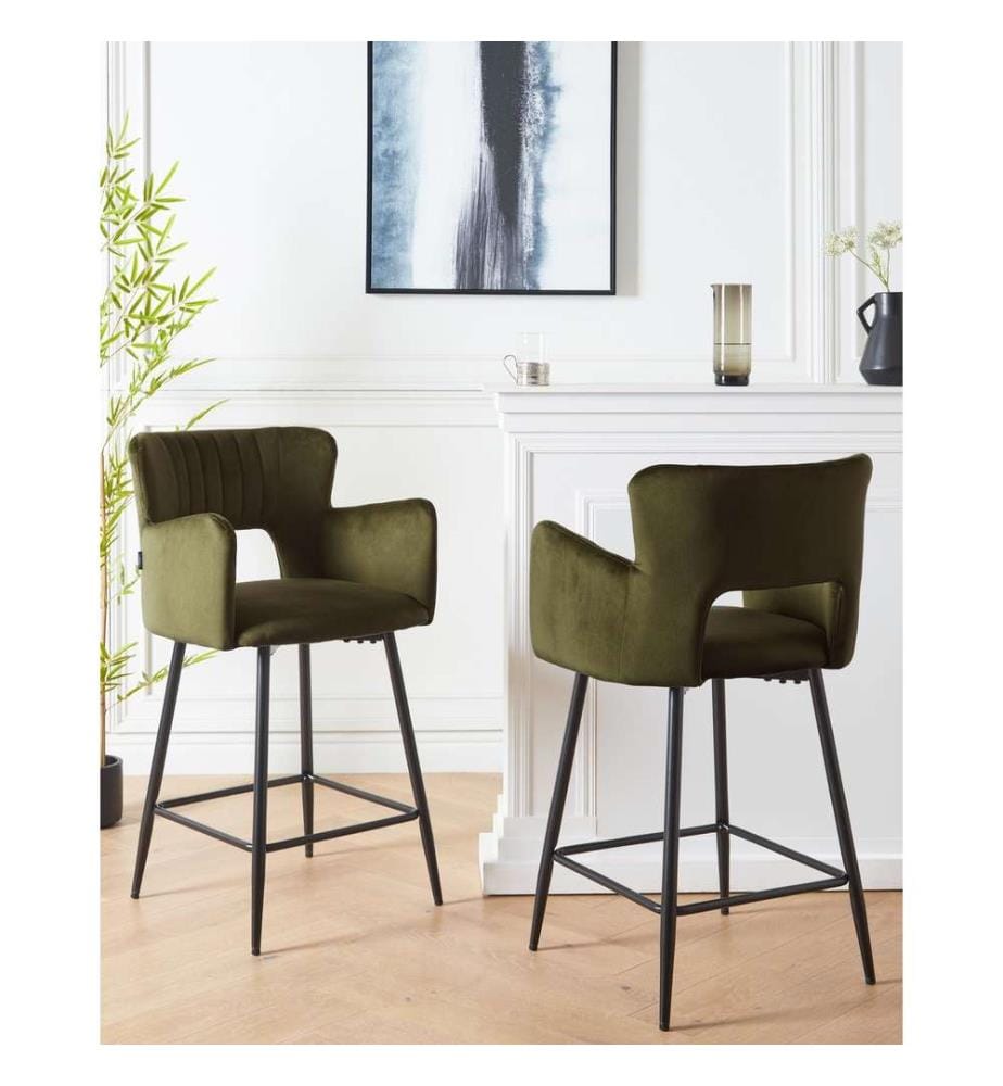 Lot 2 Chaises de Bar Vert Olive en Velours avec Accoudoirs et Pieds en Métal Style Moderne Rétro