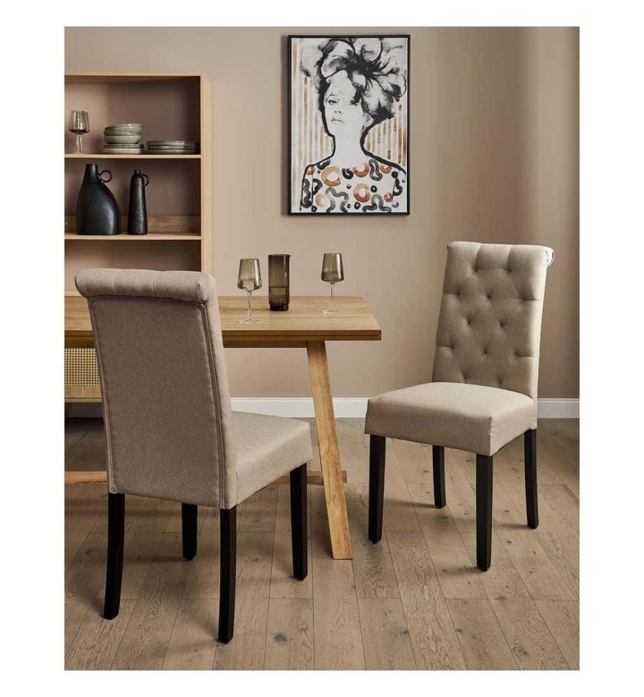 Lot de 2 Chaises de Salle à Manger Beige en Tissu Pieds en Bois Noirs Design Glam Salon Moderne Glam