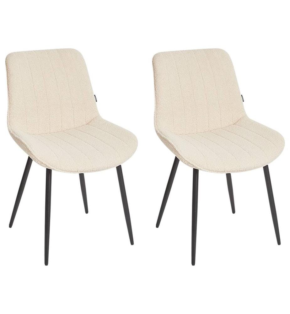 Lot de 2 Chaises de Repas Beige Clair Bouclé Sans Accoudoirs Pieds Acier Noir Sièges Salle à Manger Moderne