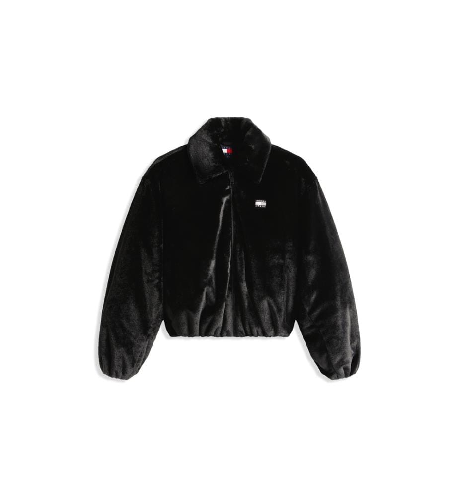 Bomberjacke aus Kunstpelz mit Tommy-Badge - Schwarz