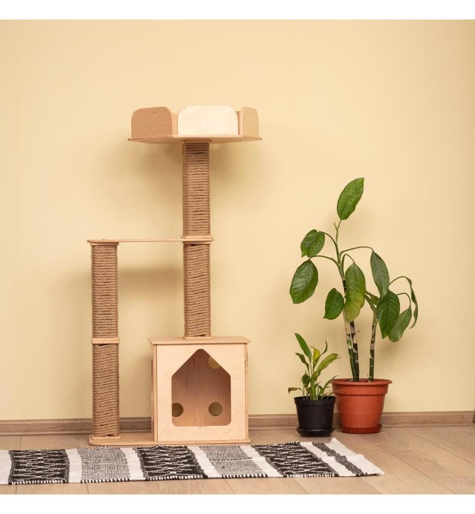 Arbre à chat au sol avec maison