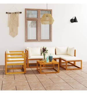 6-tlg. Garten-Lounge-Set mit Auflagen Creme Massivholz Akazie