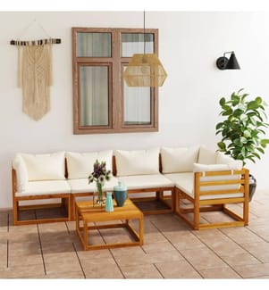6-tlg. Garten-Lounge-Set mit Auflagen Creme Massivholz Akazie