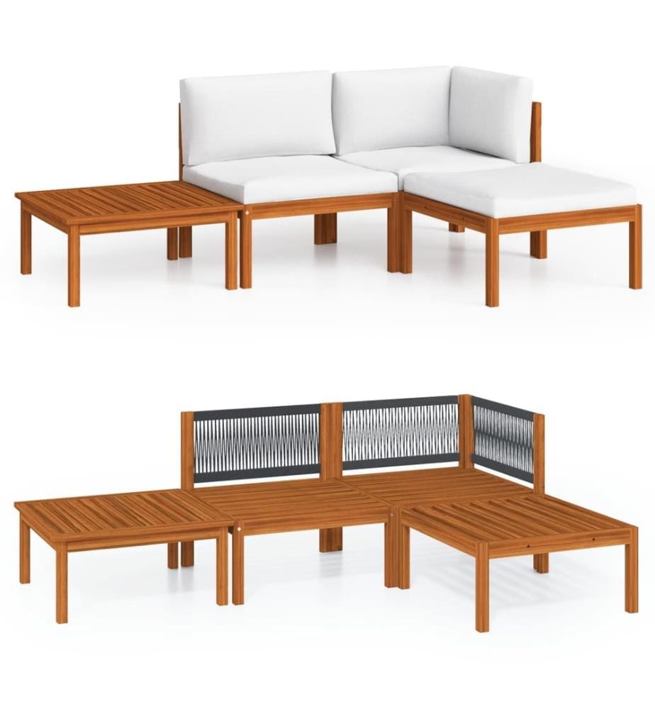 4-tlg. Garten-Lounge-Set mit Kissen Cremefarbenes Holz Akazie & Seil