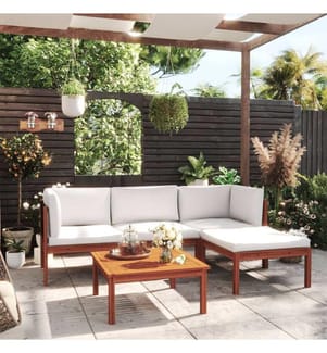 5-tlg. Garten-Lounge-Set mit Kissen Cremefarbenes Holz Akazie & Seil