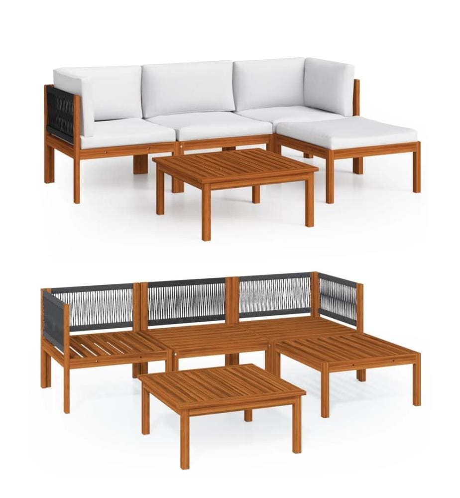 5-tlg. Garten-Lounge-Set mit Kissen Cremefarbenes Holz Akazie & Seil