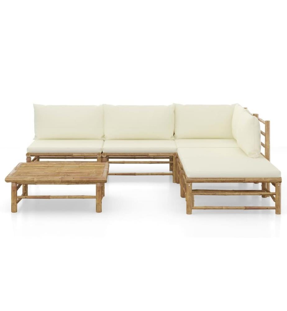 Salon de jardin 6 pcs avec coussins blanc crème bambou