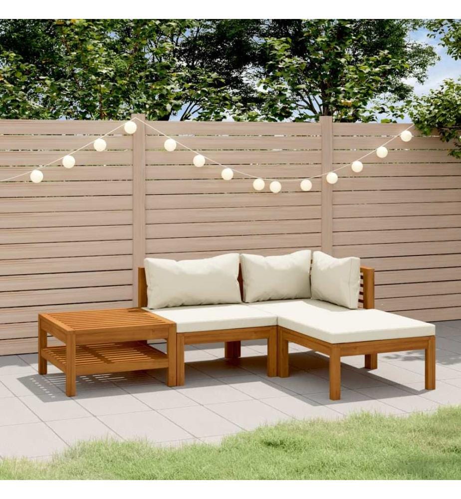 Salon de jardin 4 pcs avec coussin crème Bois d'acacia solide