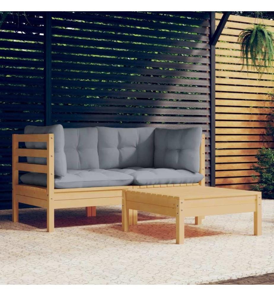 3-tlg. Garten-Lounge-Set mit Grauen Kissen Kiefernholz