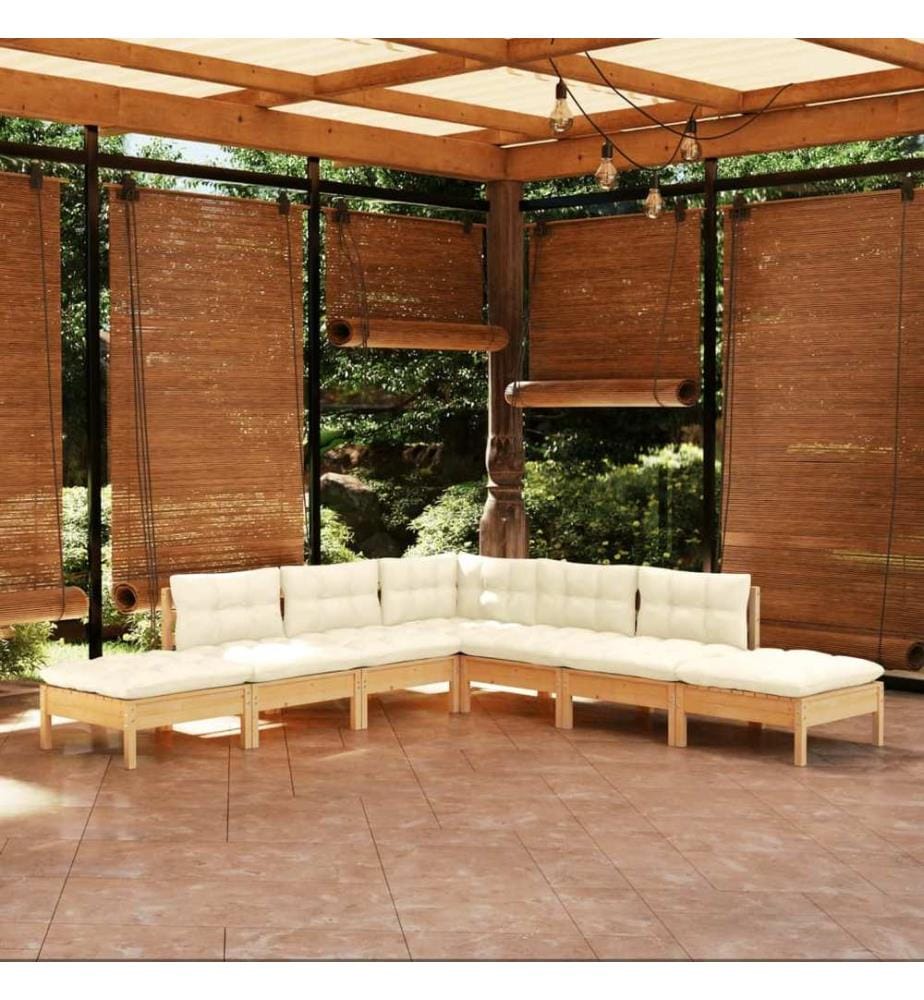 7-tlg. Garten-Lounge-Set mit Creme Kissen Kiefernholz
