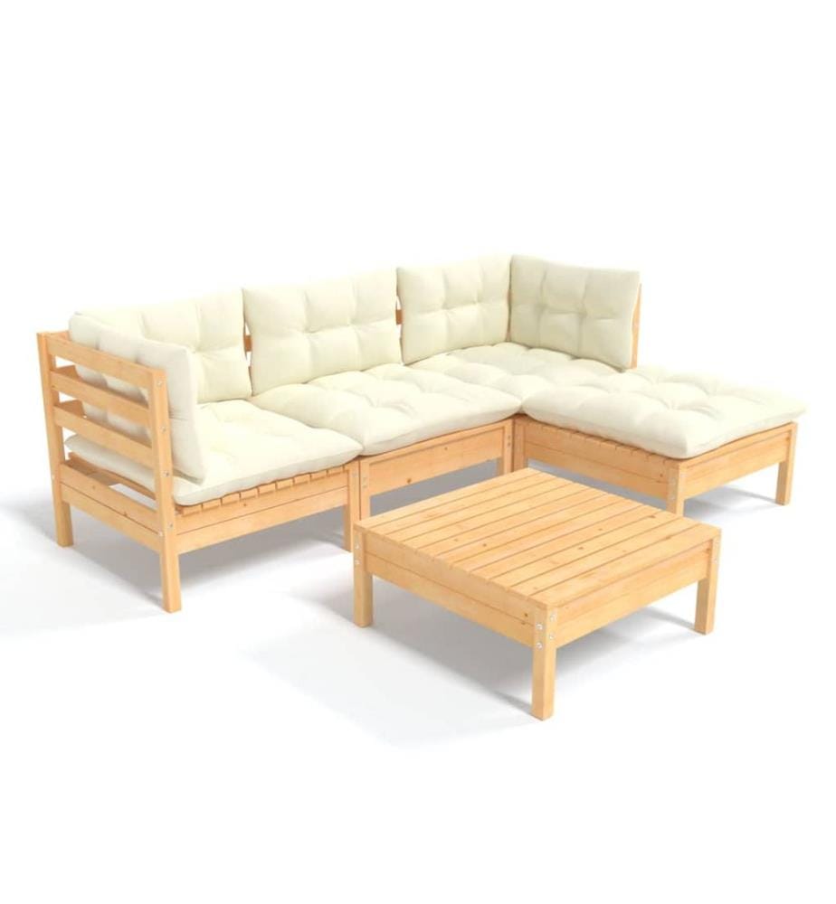 Salon de jardin 5 pcs avec coussins crème bois de pin