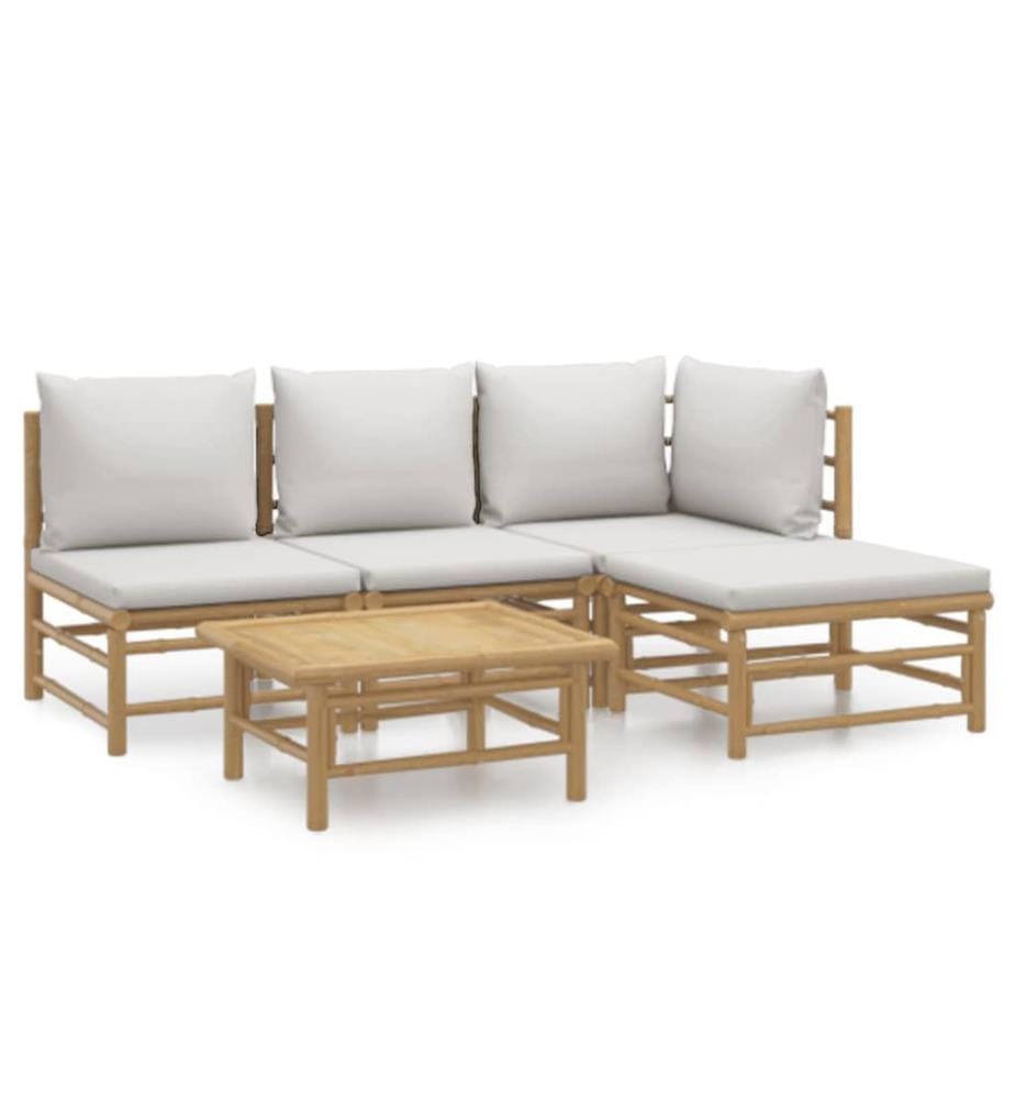 5-tlg. Garten-Lounge-Set mit Hellgrauen Kissen Bambus