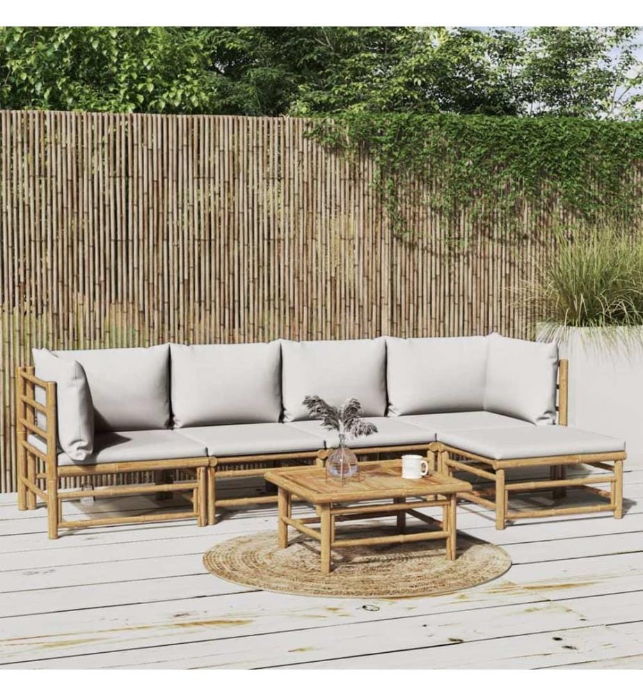 6-tlg. Garten-Lounge-Set mit Hellgrauen Kissen Bambus