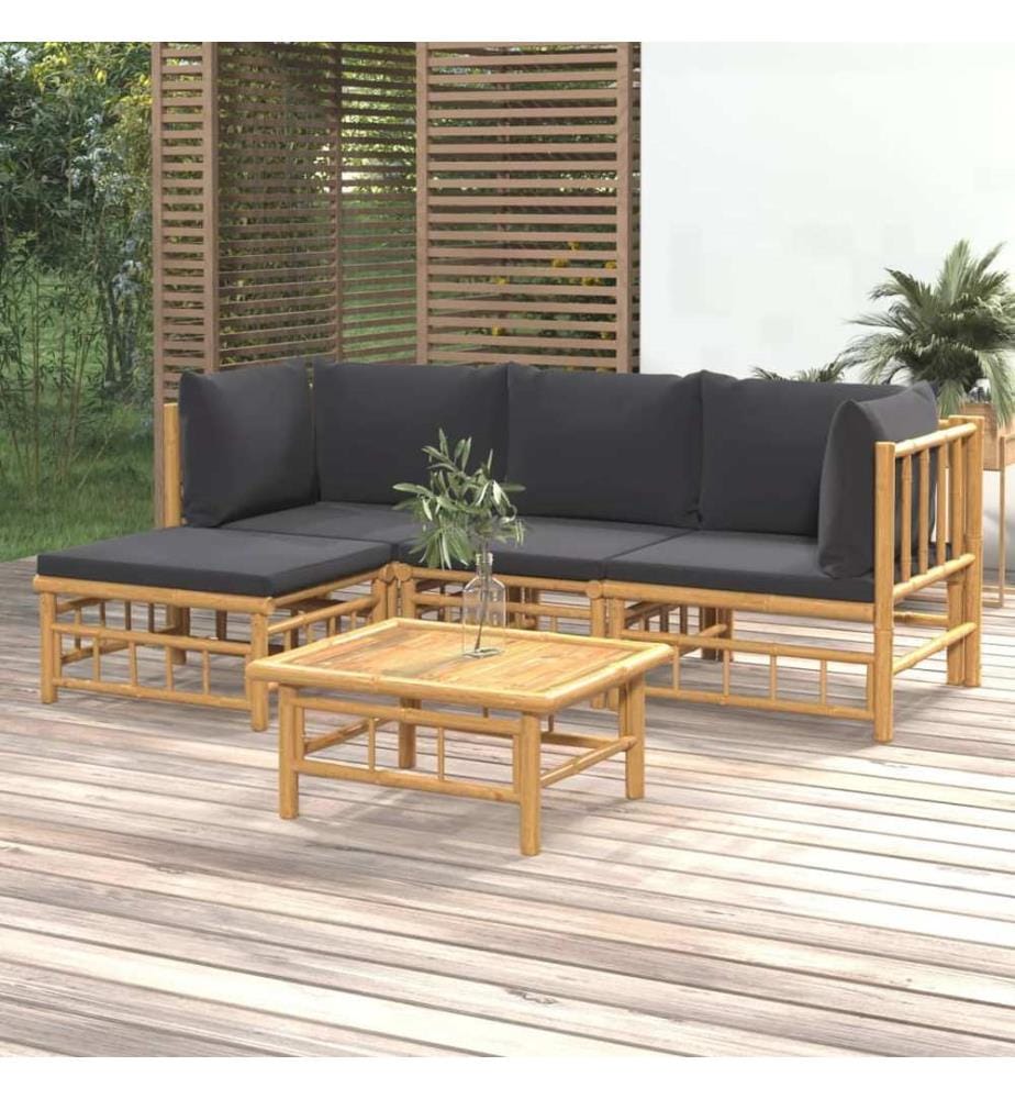 Salon de jardin 5 pcs avec coussins gris foncé bambou