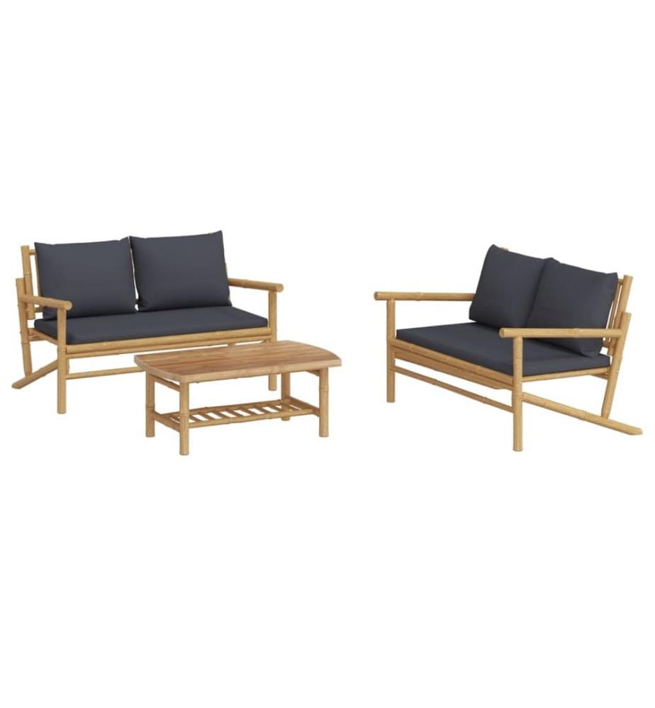 Salon de jardin 3 pcs avec coussins gris foncé bambou