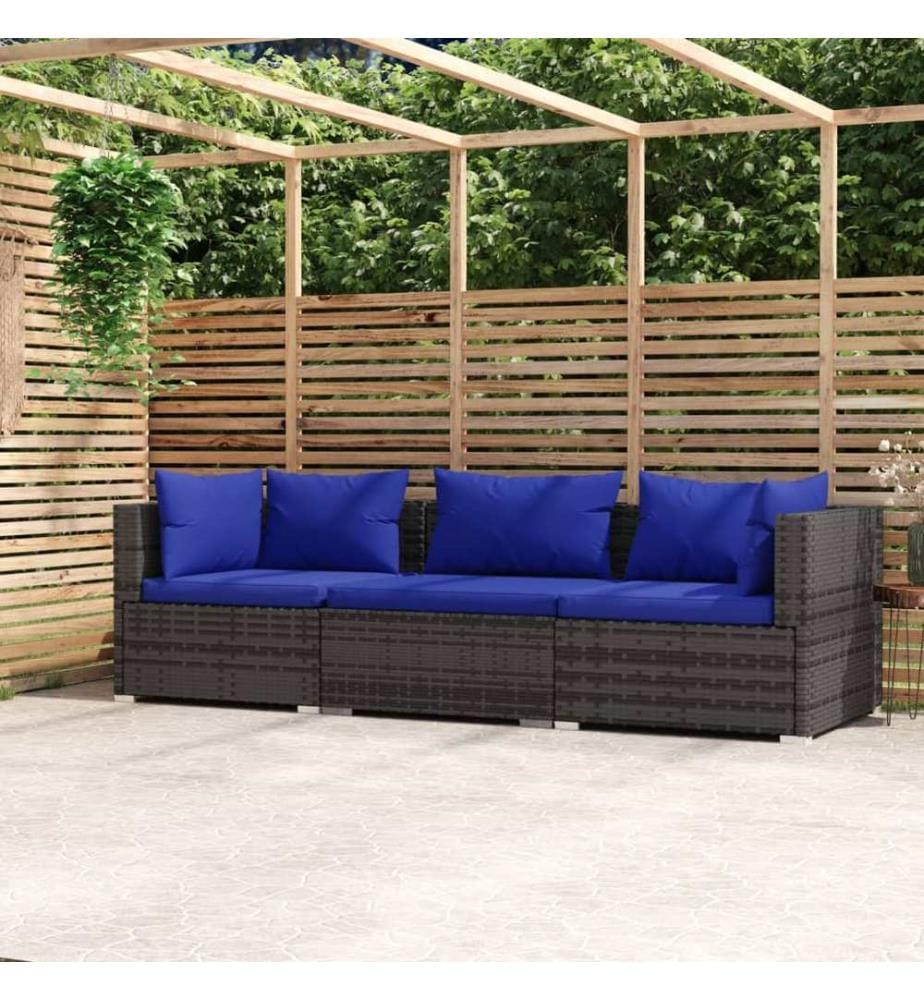 3-Sitzer-Sofa mit Kissen Grau Poly Rattan