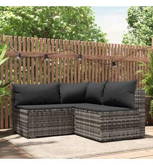 3-tlg. Garten-Lounge-Set mit Kissen Grau Poly Rattan