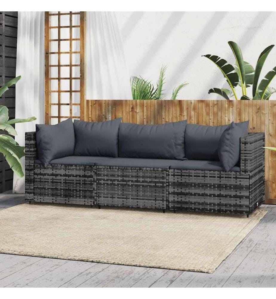 3-tlg. Garten-Lounge-Set mit Kissen Grau Poly Rattan