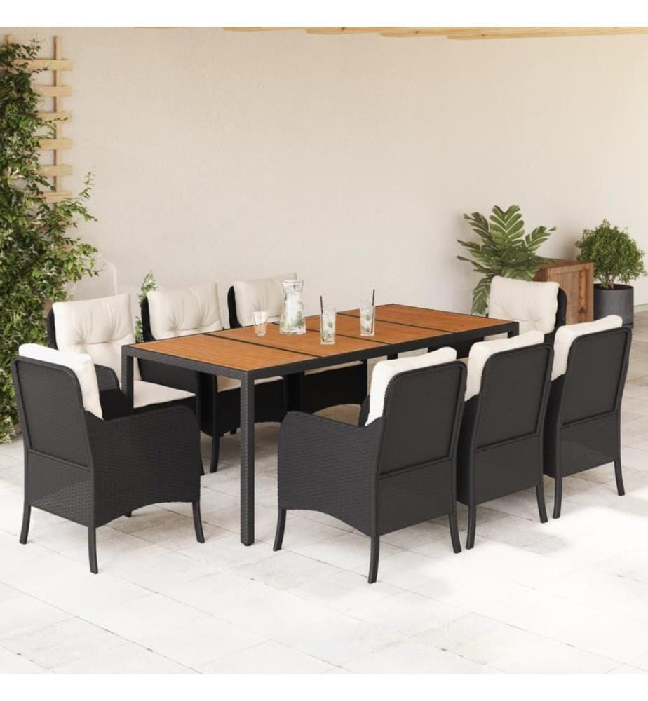 Ensemble à manger de jardin 9pcs coussins noir résine tressée