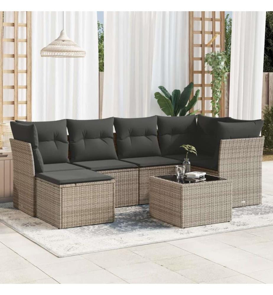 Salon de jardin avec coussins 7 pcs gris résine tressée