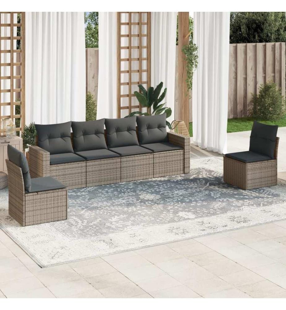 6-tlg. Garten-Sofagarnitur mit Kissen Grau Poly Rattan