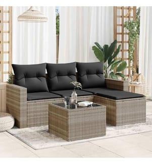 5-tlg. Garten-Sofagarnitur mit Kissen Hellgrau Poly Rattan