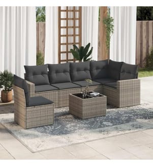 7-tlg. Garten-Sofagarnitur mit Kissen Grau Poly Rattan