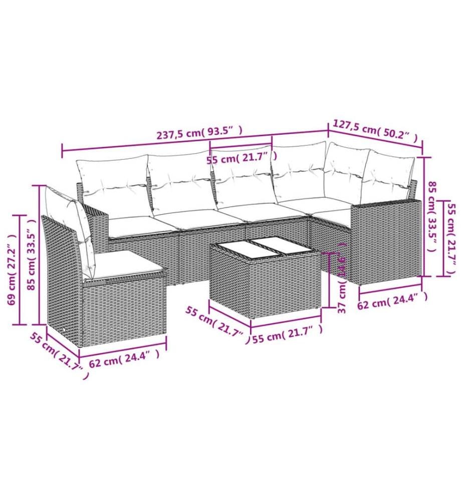 Salon de jardin avec coussins 7 pcs gris résine tressée