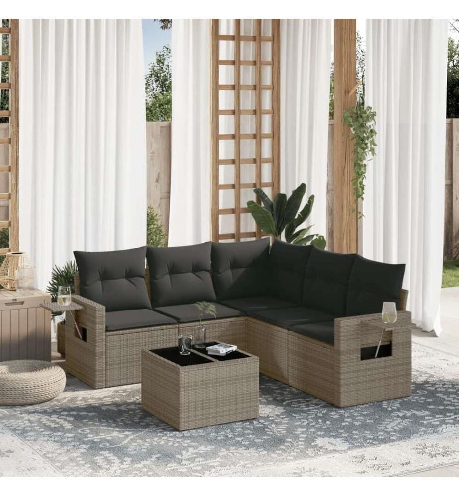 Salon de jardin 6 pcs avec coussins gris résine tressée