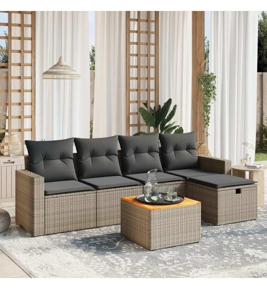 Salon de jardin 6 pcs avec coussins gris résine tressée