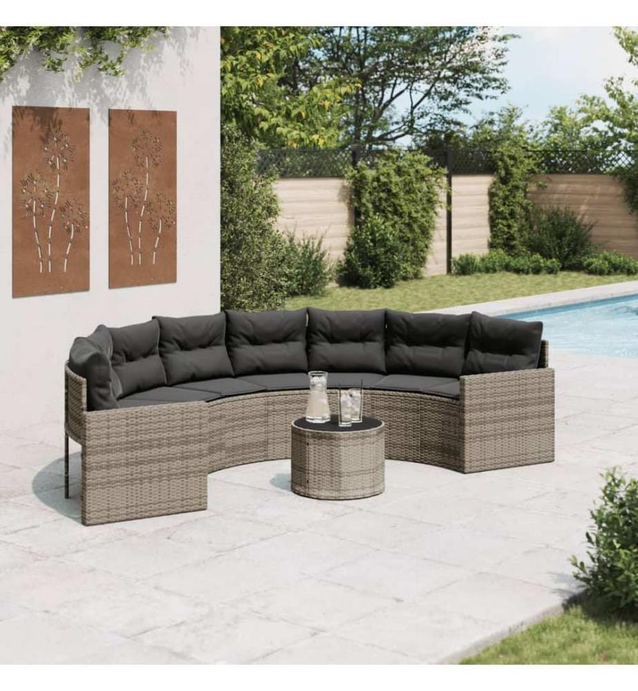 Gartensofa mit Tisch und Kissen Halbrund Grau Poly Rattan