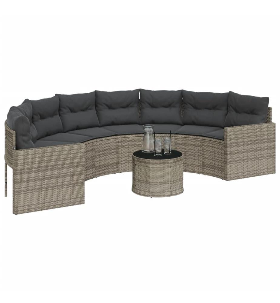 Gartensofa mit Tisch und Kissen Halbrund Grau Poly Rattan