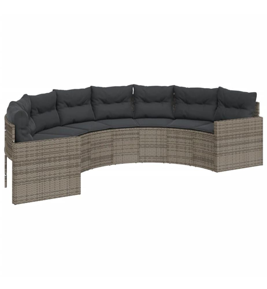 Gartensofa mit Tisch und Kissen Halbrund Grau Poly Rattan